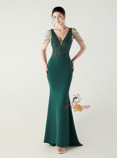 Mermaid V-neck Appliques Beading Prom Dress