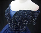 Navy Blue Tulle Off the Shoulder Beading Homecoming Dress