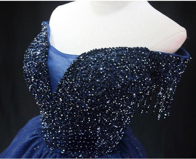 Navy Blue Tulle Off the Shoulder Beading Homecoming Dress