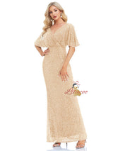 Short-sleeved V-neck Sequins Evening Dress