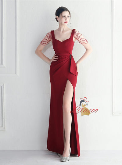 Straps Split Beading Prom Dress