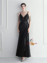 Mermaid Sequins Tulle Spaghetti Straps Beading Prom Dress