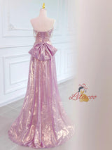 Pink Strapless Pleats Beading Bow Prom Dress