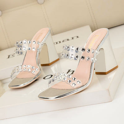 Thick High-heeled Rhinestone Transparent Sandals