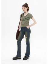 Retro Printed V-neck Short Sleeve T-shirt