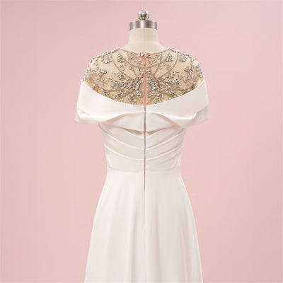 White Scoop Crystal Cap Sleeve Pleats Prom Dress