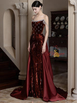 Burgundy Mermaid Sequins Straps Prom Dress