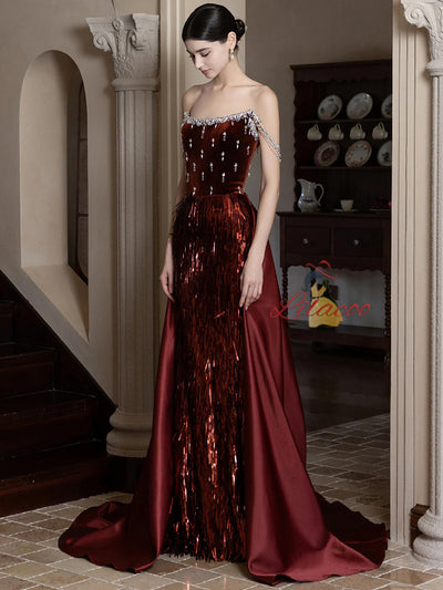 Burgundy Mermaid Sequins Straps Prom Dress