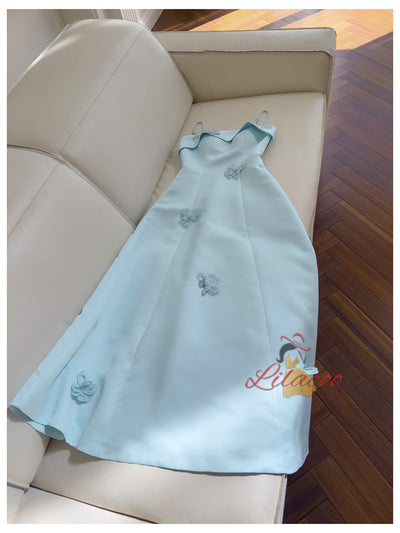 Blue Spaghetti Straps 3D Flower Prom Dress