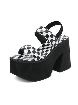 Black and White Plaid Thick Soled Thick Heel Sandals