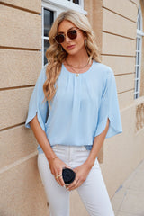 Solid Color Round Neck Short Sleeve Chiffon Shirt