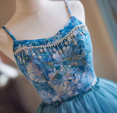Blue Tulle Spaghetti Straps Homecoming Dress