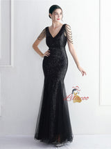 Tulle Sequins V-neck Beading Prom Dress