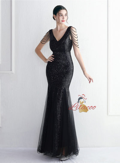 Tulle Sequins V-neck Beading Prom Dress