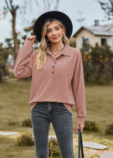 Solid Color Lapel Button Loose Long Sleeve Top