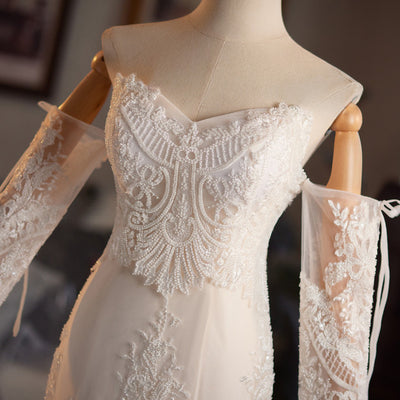 Ivory White Mermaid Appliques Long Sleeve Wedding Dress