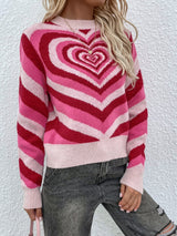 Striped Heart Round Neck Pullover Sweater