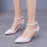 7.5cm White Lace Flower Thin Heels Bridal Shoes