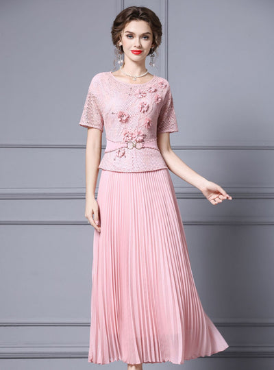 Pink Short Sleeve 3D Flower Mother Of The Bride Dress