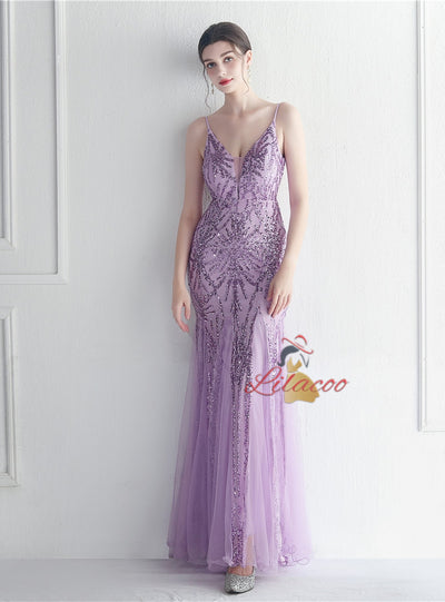 Spaghetti Straps Tulle Sequins Prom Dress
