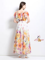 Off the Shoulder Printed Chiffon Dress