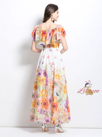 Off the Shoulder Printed Chiffon Dress