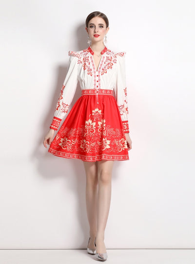 Printed Retro V-neck Lantern Sleeve Dress