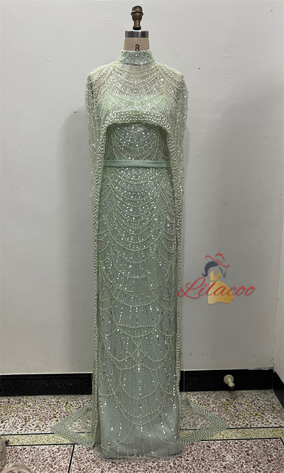 Champagne Tulle Beading Shawl Prom Dress