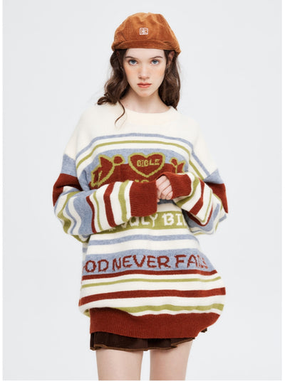 Striped Round Neck Loose Long-sleeved Sweater