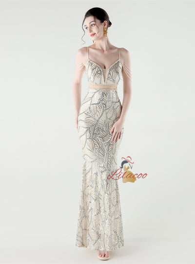 Spaghetti Straps Beading Sequins Prom Dress