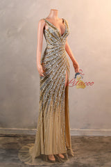 Gold Mermaid Sequins V-neck Split Prom Dress