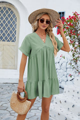 Solid Color V-neck Loose Pleated Dress