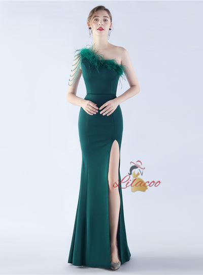 One Shoulder Mermaid Beading Split Prom Dress