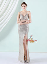 Burgundy Mermaid Sequins Spaghetti Straps Prom Dress