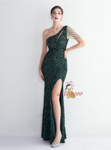 One Shoulder Sequins Beading Split Prom Dress