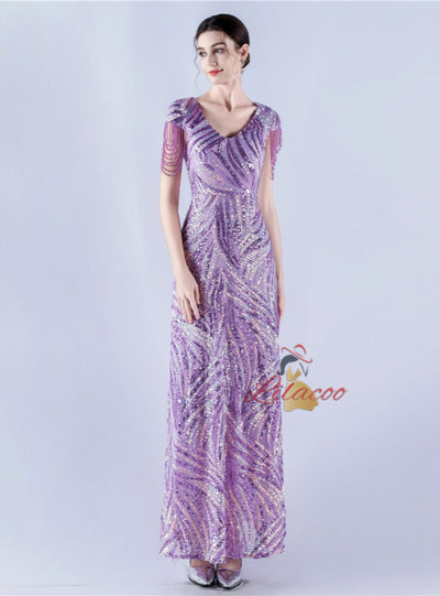 V-neck Sequins Cap Sleeve Beading Sequins Prom Dress