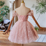Pink Tulle Flower Beading Off the Shoulder Homecoming Dress
