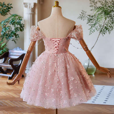 Pink Tulle Flower Beading Off the Shoulder Homecoming Dress