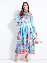 Horn Sleeve Button Printed Long Dress