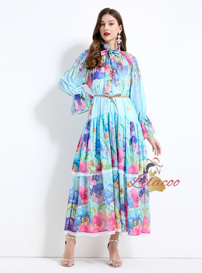 Horn Sleeve Button Printed Long Dress