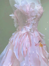Pink Tulle See Through Neck Beading Prom Dress