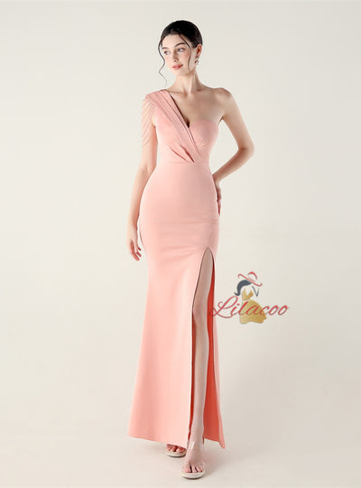 One Shoulder Split Beading Prom Dress