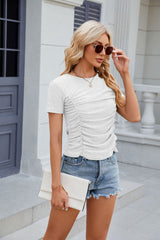 Solid Color Slim Pleated Short Sleeve T-shirt