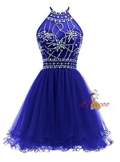 Black Tulle Halter Backless Homecoming Dress