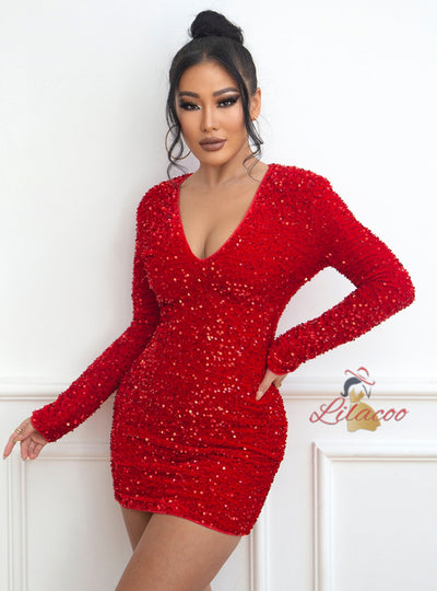 Sexy V-neck Sequined Tight Dress