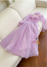 Purple Tulle Long Sleeve Pleats Prom Dress