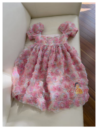 Three-dimensional Fower Bubble Sleeve Dress