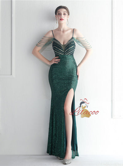 Spaghetti Straps Sequins Beading Prom Dress