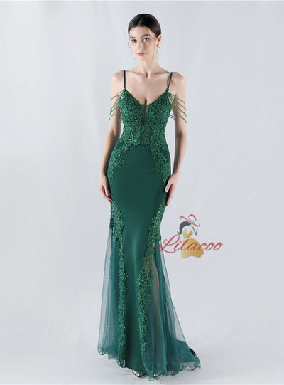 Mermaid Sequins Spaghetti Straps Appliques Prom Dress