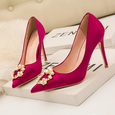 Thin High-heeled Pointed Satin Pearl Buckle Shoes